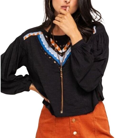 Free People NEW NWT Black Blouse with Blue and Brown Accents - Picture 2 of 7